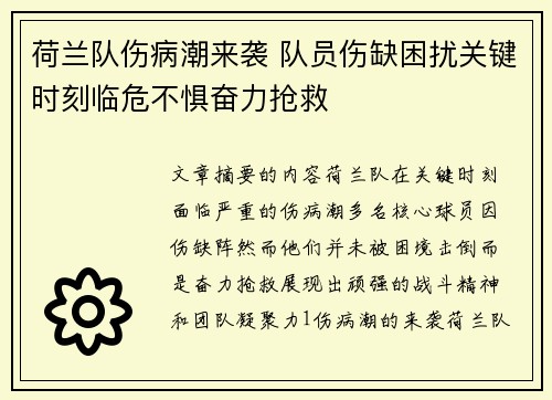 荷兰队伤病潮来袭 队员伤缺困扰关键时刻临危不惧奋力抢救